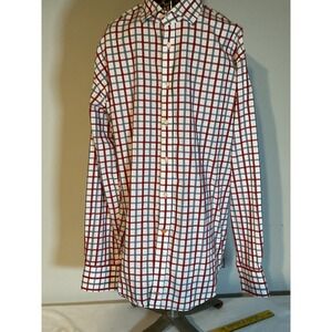 Thomas Dean Mens XL Button Down Shirt Red Navy Blue Tattersall Check Cotton TD